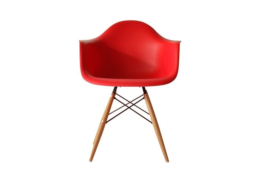Red chair with wooden legs on a white background