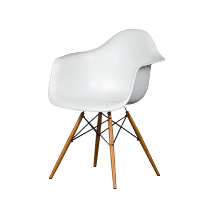 White Eames chair with wooden legs on a black background