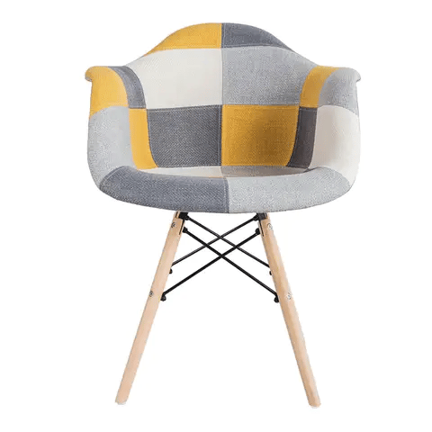 Chair with a patchwork pattern in gray, yellow, and white on a white background