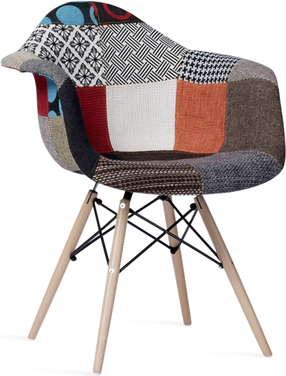 Multicolored patchwork Eames chair with wooden legs on a white background